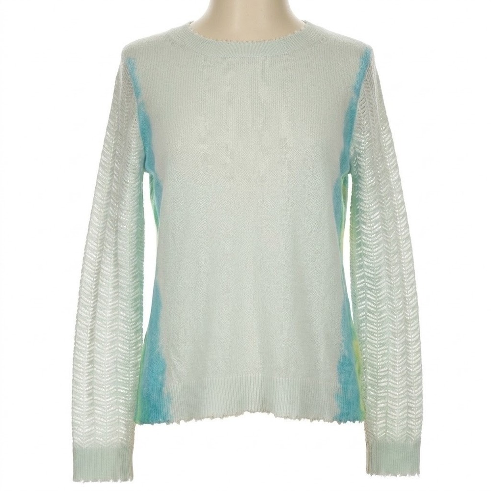 Lisa Todd 100% Cashmere Sweater Blue Green Ombre Pointelle Crewneck Chic Size XS - Picture 2 of 14